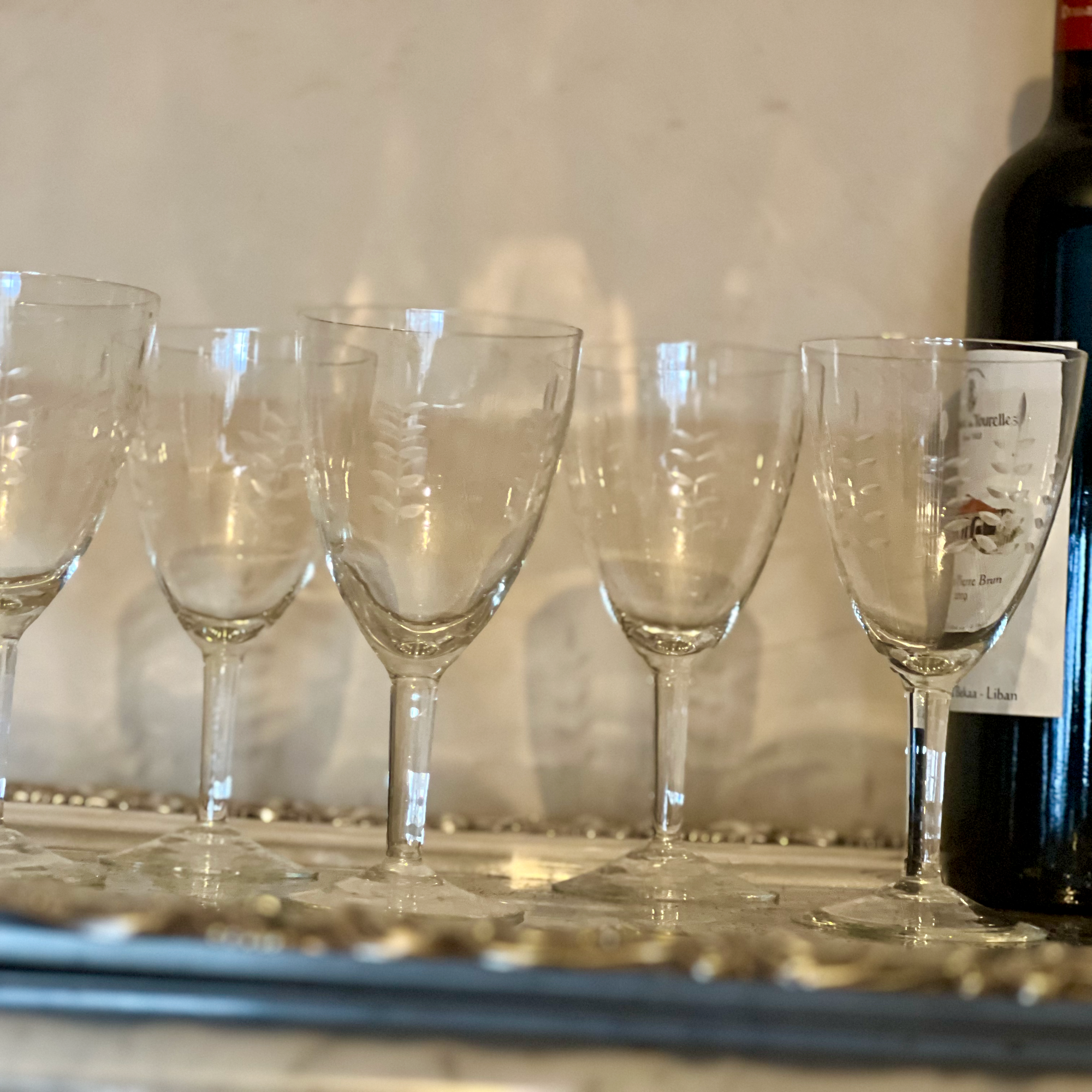 French Etched Decorative Wine Glasses 1950's