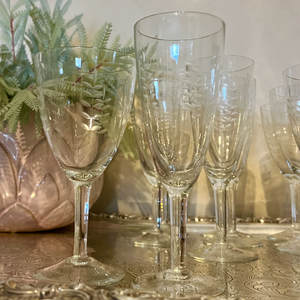 French Etched Decorative Wine Glasses 1950's