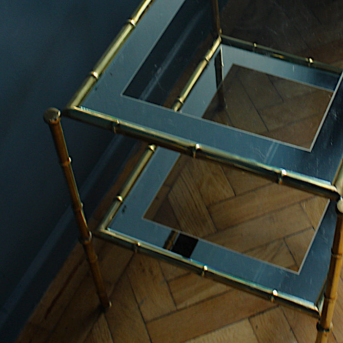 Mid Century Brass Faux Bamboo and Mirrored Glass Side | Accent | Sofa Table