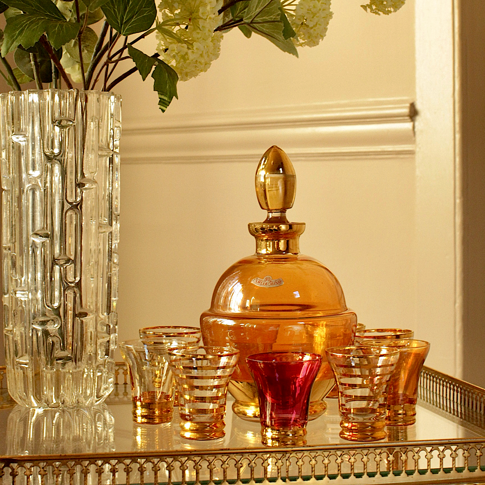 Pretty Belgian Amber Decanter & shot Glasses by Arlecchino RB