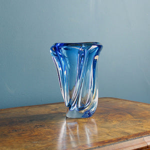 Blue Crystal Vintage Vase by Val Saint Lambert Signed on the Base