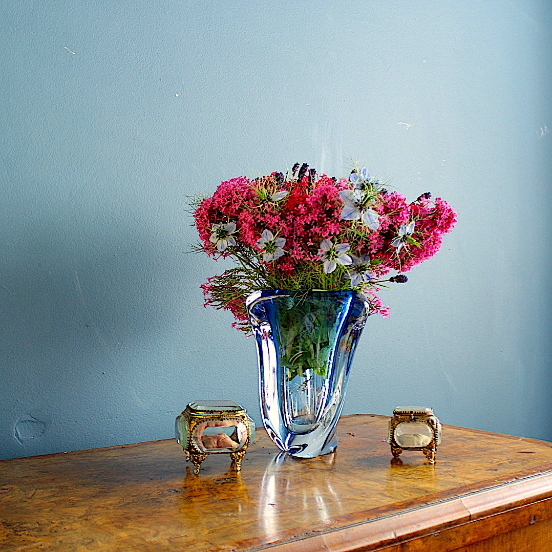 Blue Crystal Vintage Vase by Val Saint Lambert Signed on the Base