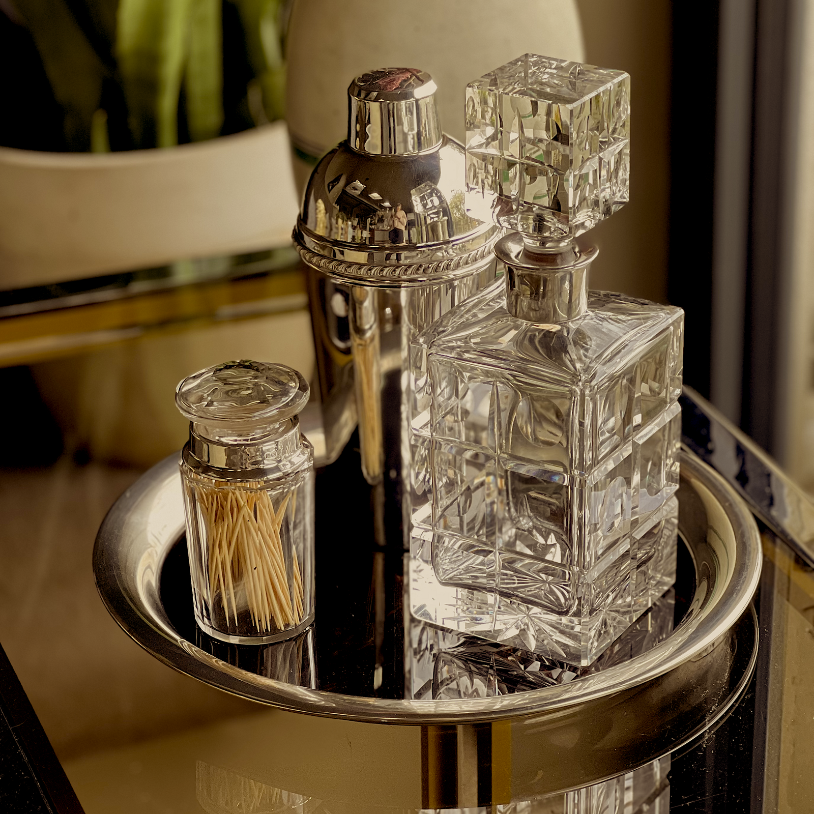 Stunning Mid Century Crystal Silver Collar Decanter