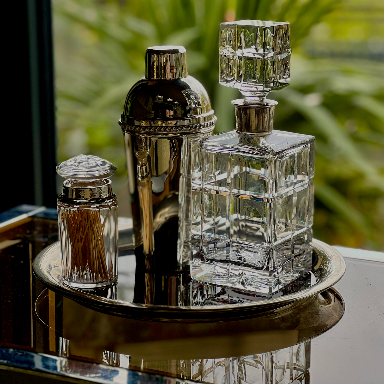 Stunning Mid Century Crystal Silver Collar Decanter