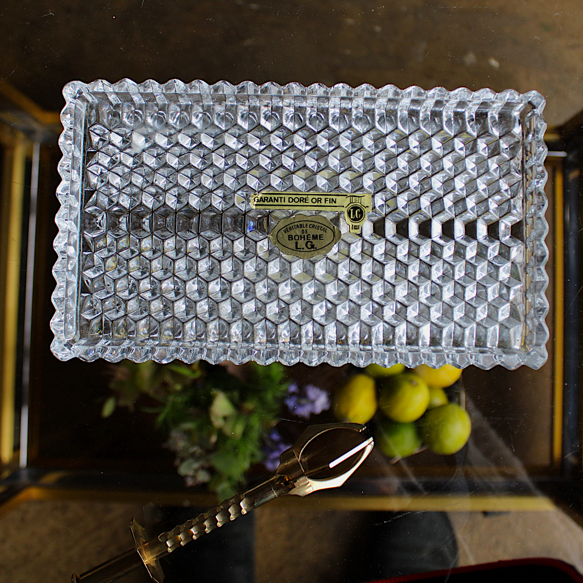 Beautiful Gold & Crystal Jug, Bowl, Tongs & Tray Set
