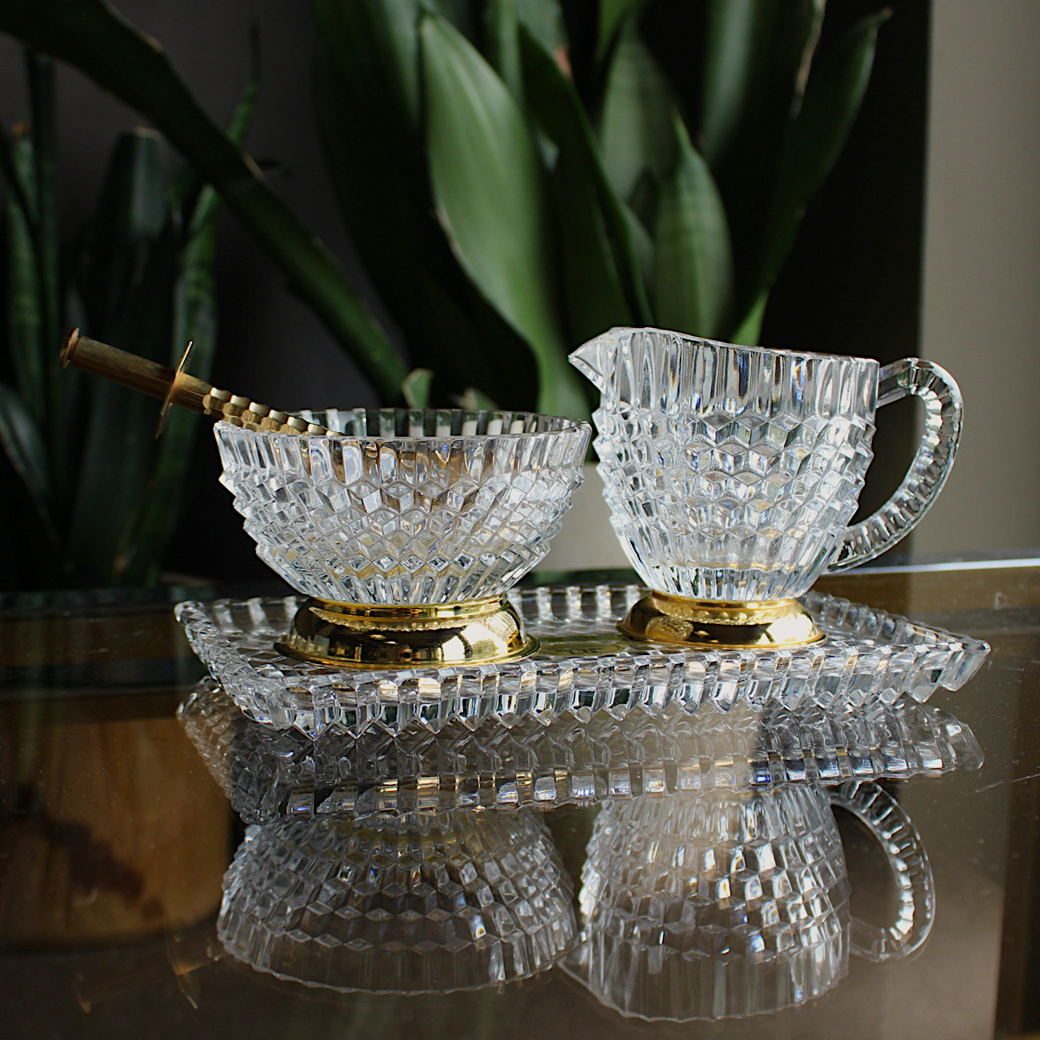 Beautiful Gold & Crystal Jug, Bowl, Tongs & Tray Set