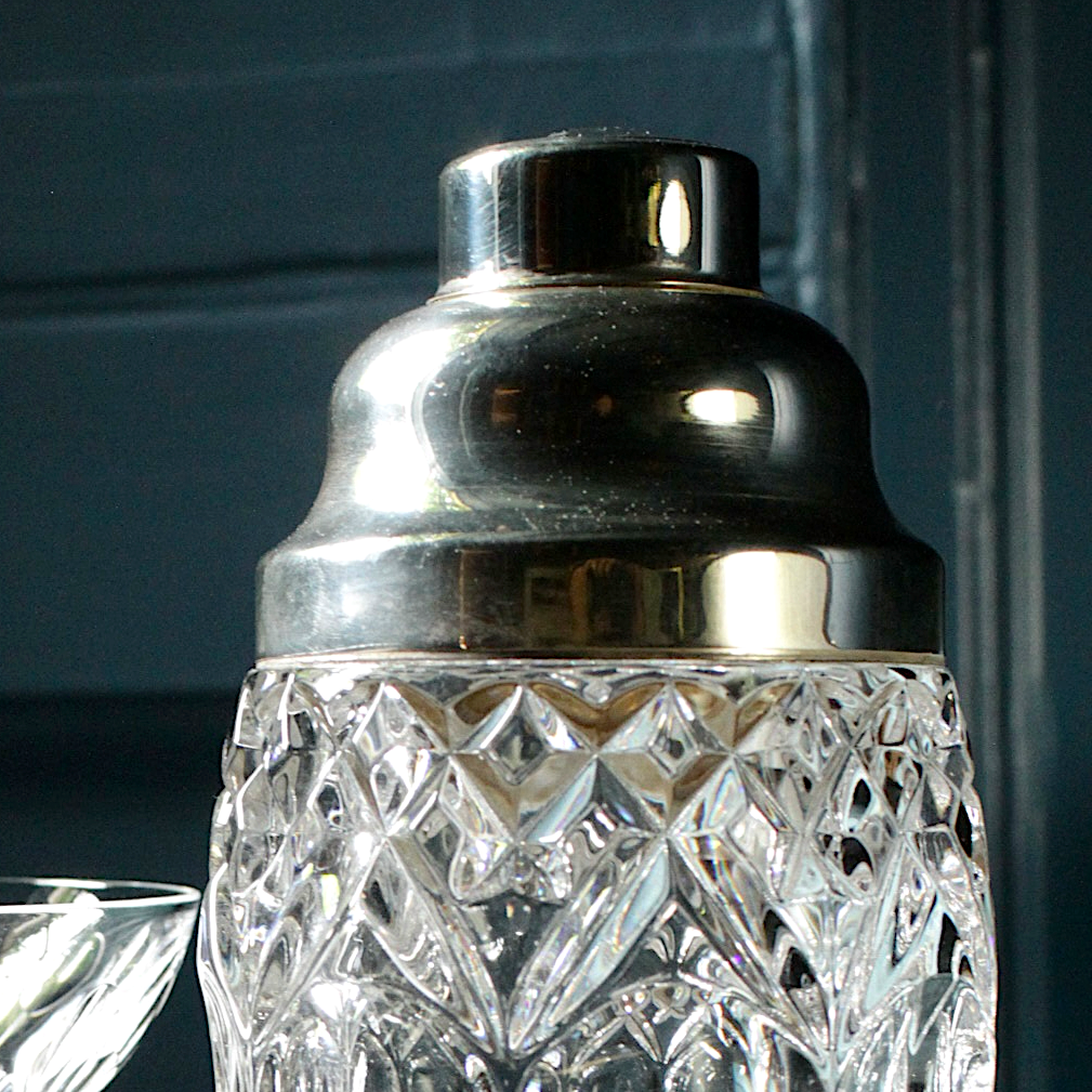 French Vintage Crysatl Cut & Silver Topped Cocktail Shaker Mid Century