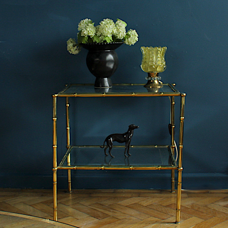 Mid Century Brass Faux Bamboo and Mirrored Glass Side | Accent | Sofa Table