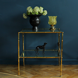 Mid Century Brass Faux Bamboo and Mirrored Glass Side | Accent | Sofa Table