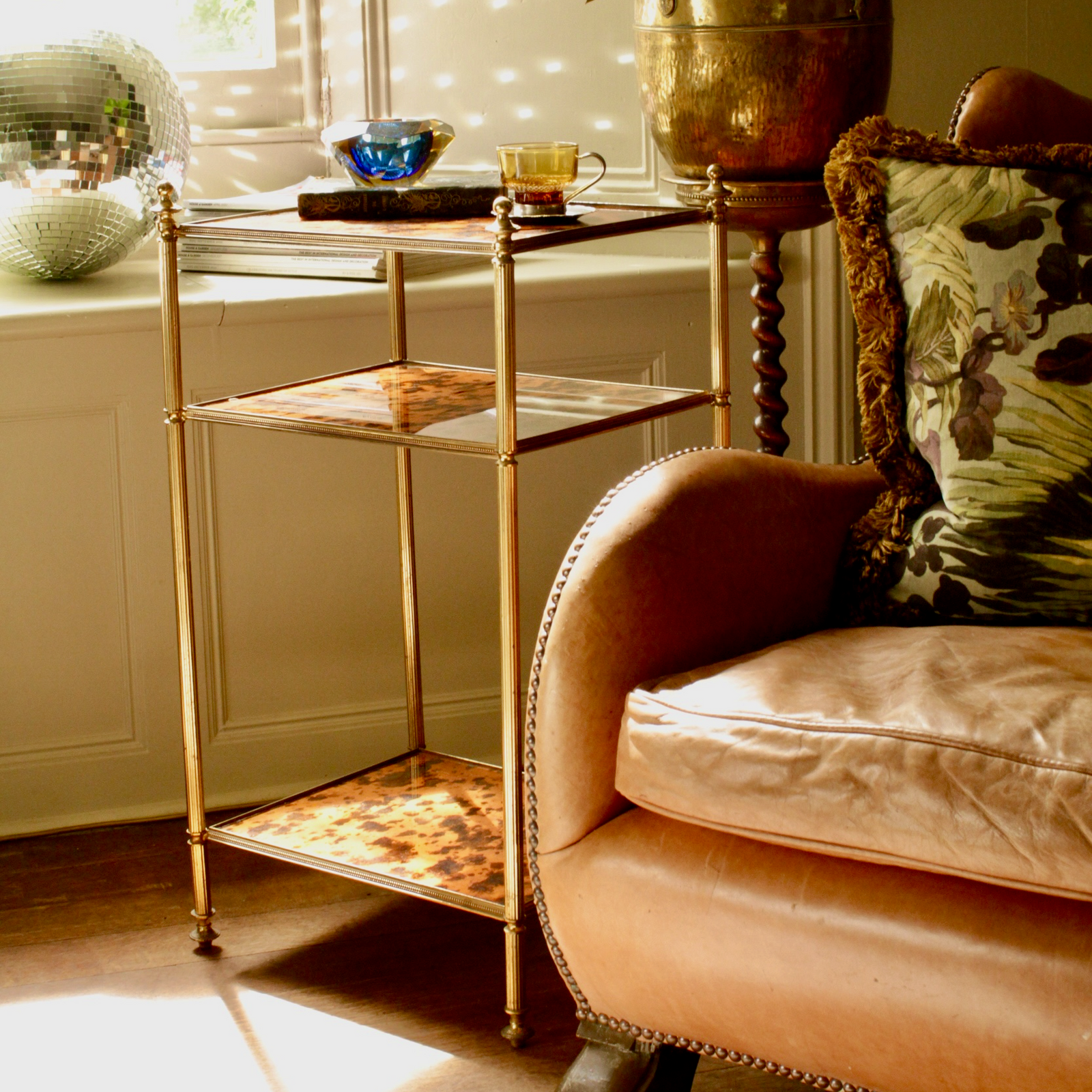 Beautiful Brass & faux Tortoise Shell Glass Etagiérè by 'Maison Bagues'