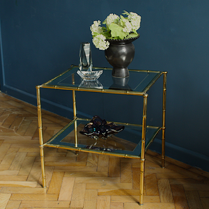 Mid Century Brass Faux Bamboo and Mirrored Glass Side | Accent | Sofa Table