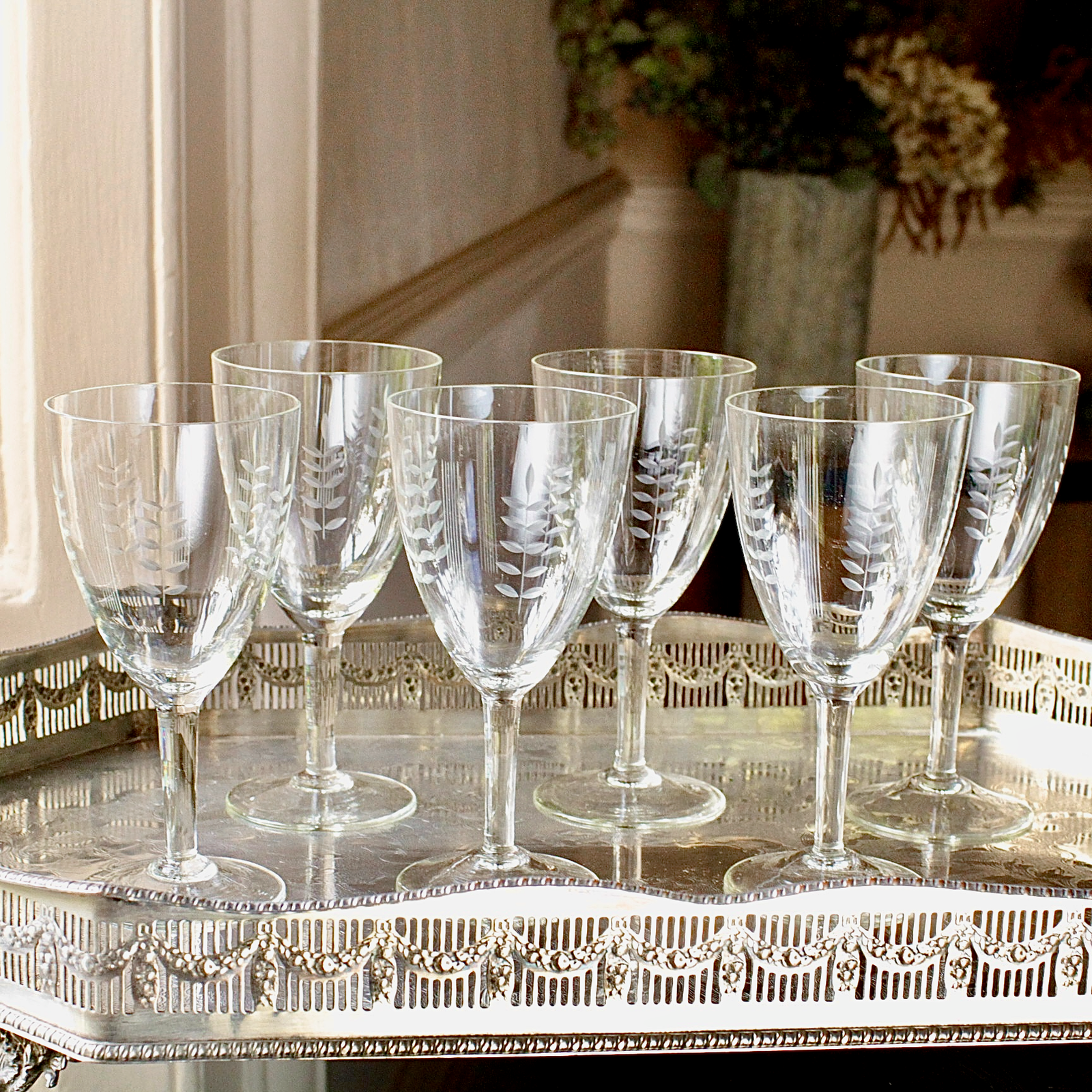 French Etched Decorative Wine Glasses 1950's