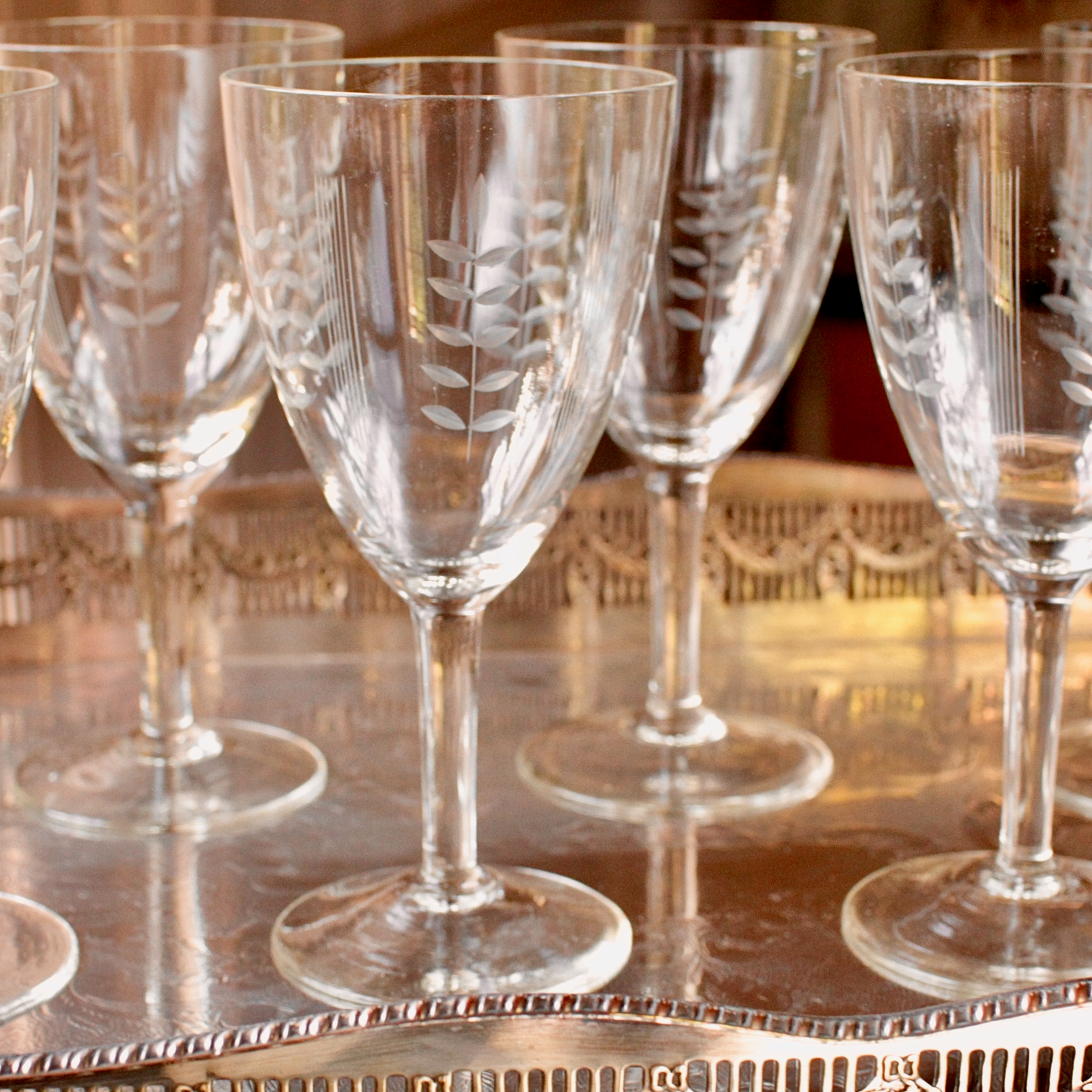 French Etched Decorative Wine Glasses 1950's