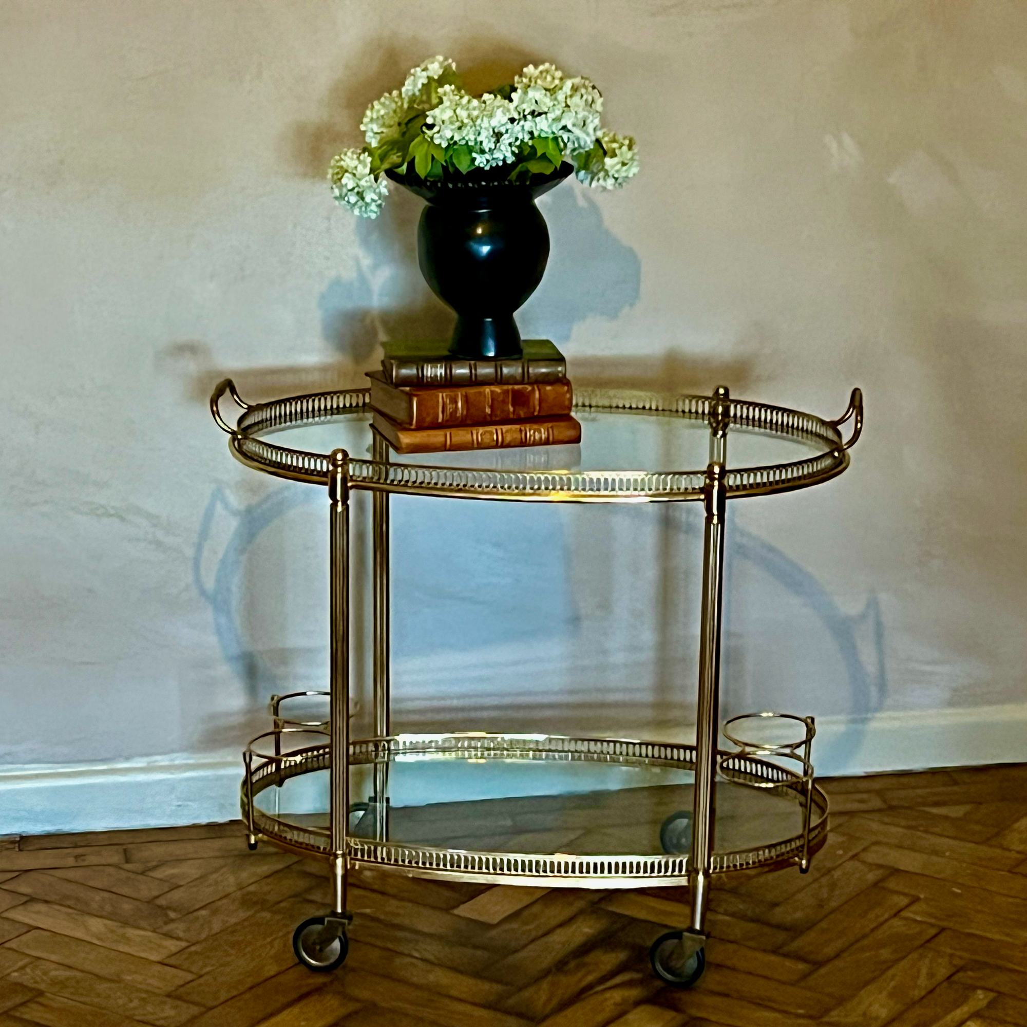 Gold Brass French Mid Century Tray Drinks Trolley