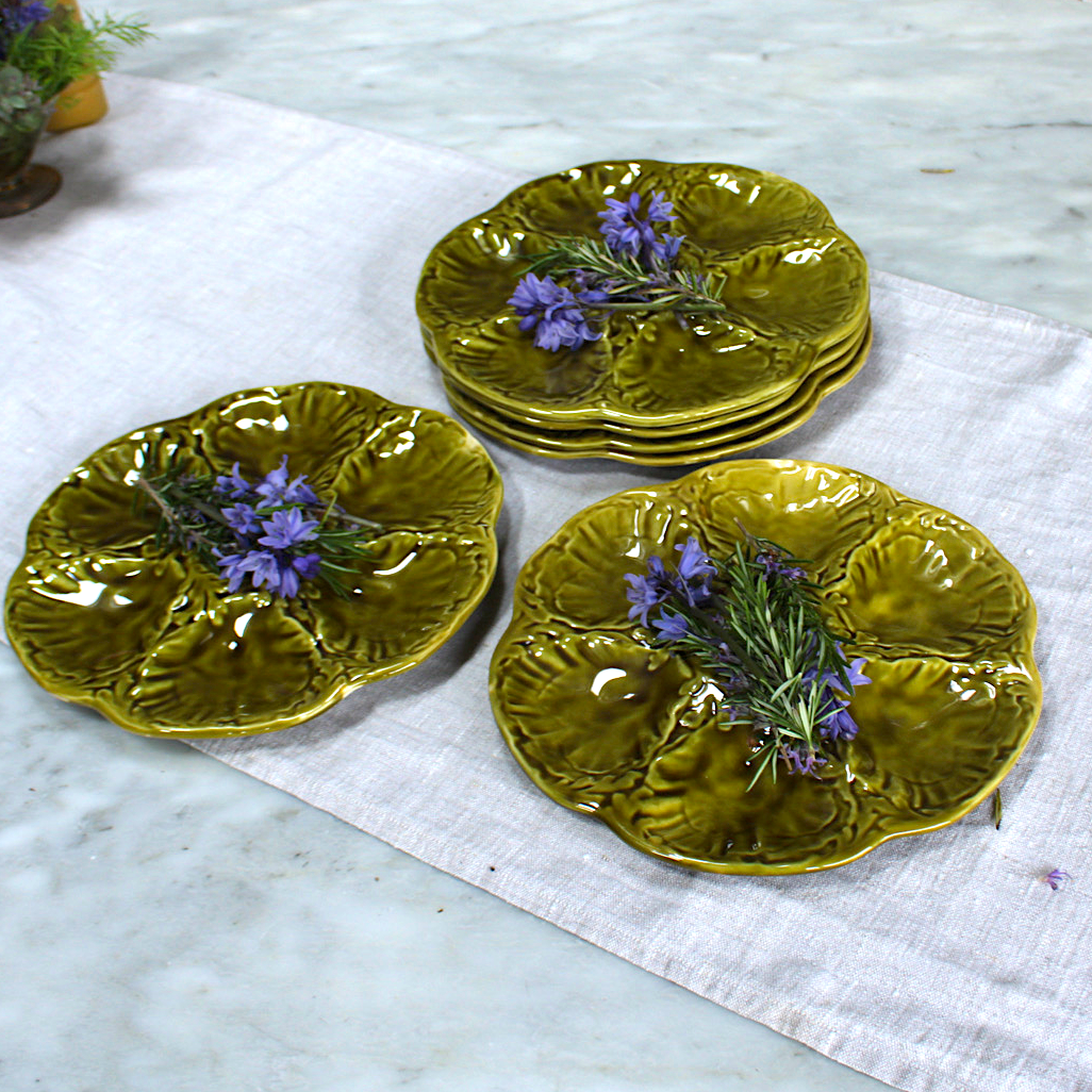 French Green Khaki Gien Oyster Plates