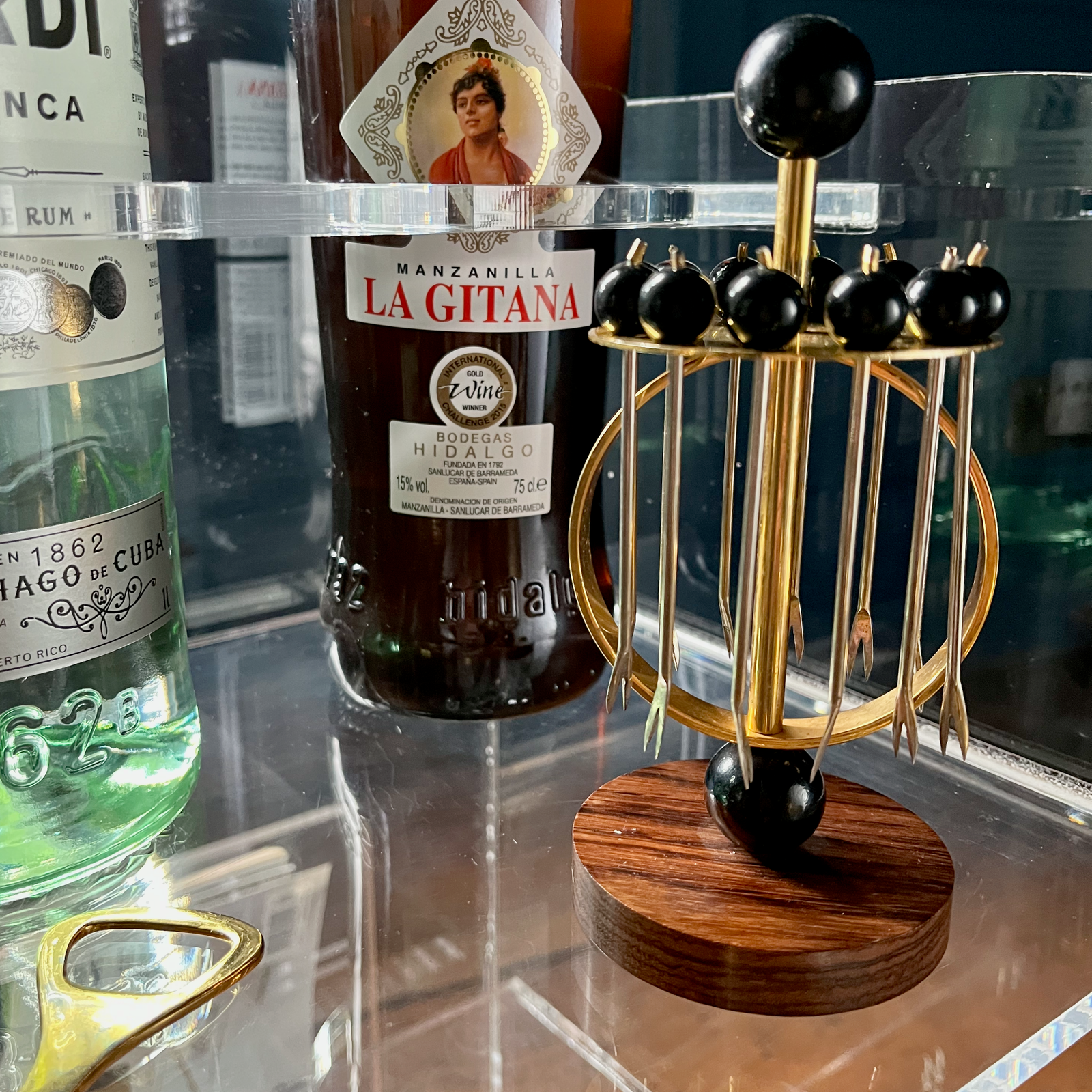 Art Deco Barware Cocktail Stick Carousel with Bakelite Tops and Gold Picks