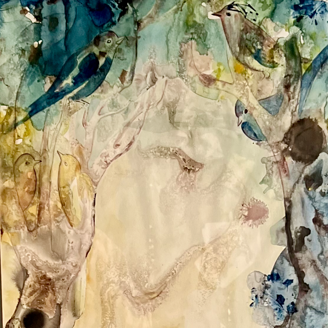 Beautiful Signed Watercolour by PEC, Nature with Abstract Face and Birds in Blue and Greeen Hues