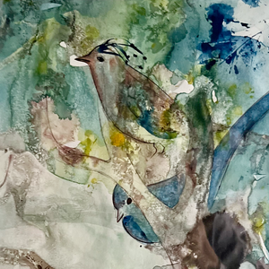 Watercolour Painting signed of face and birds in earthy blues and greens