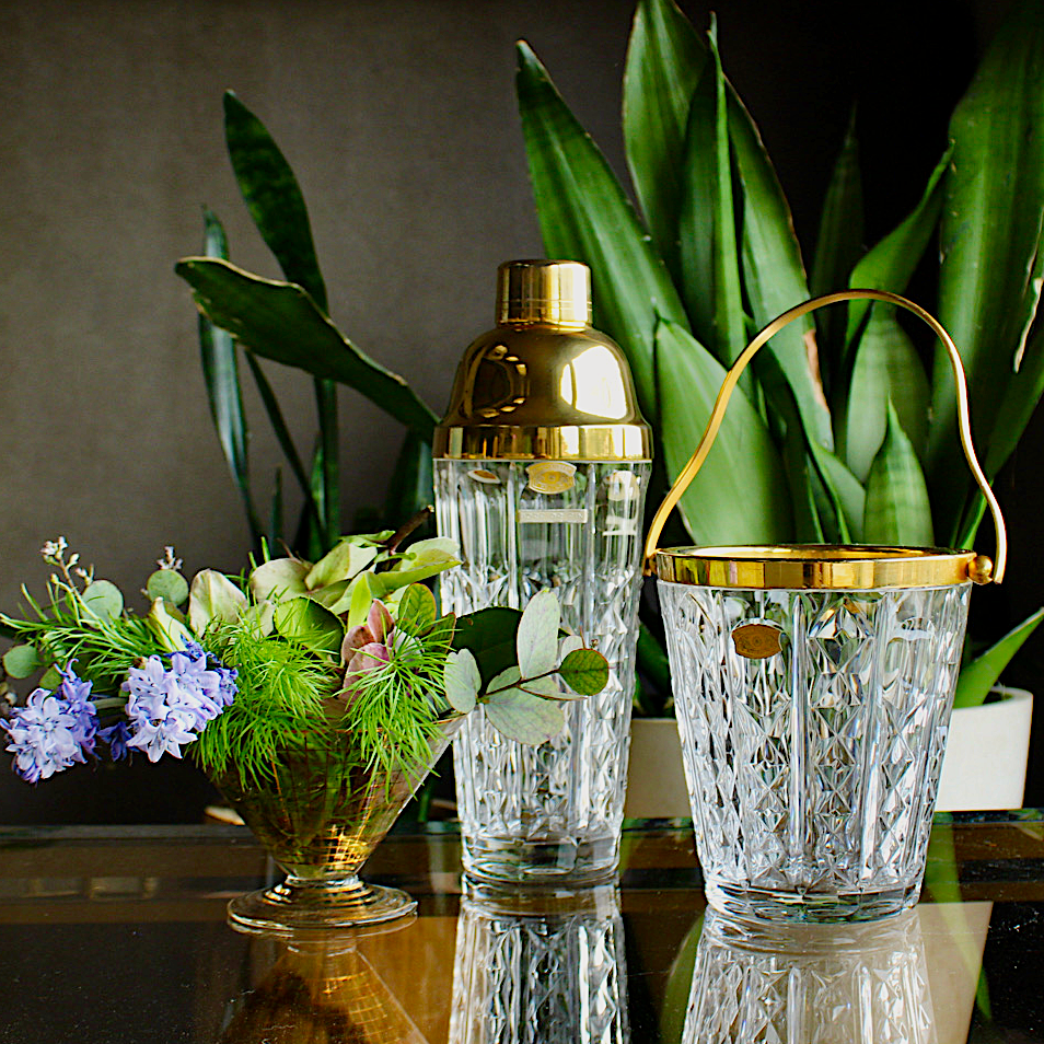 Gold Crystal Cocktail Shaker  & Matching Ice Bucket Signed by Val St Lambert