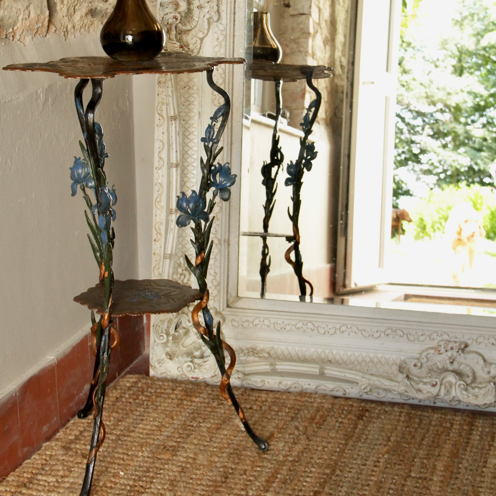 West German Beautiful Cast Iron Étagère Table with Decorative Floral Legs and Hand Painted 1920's