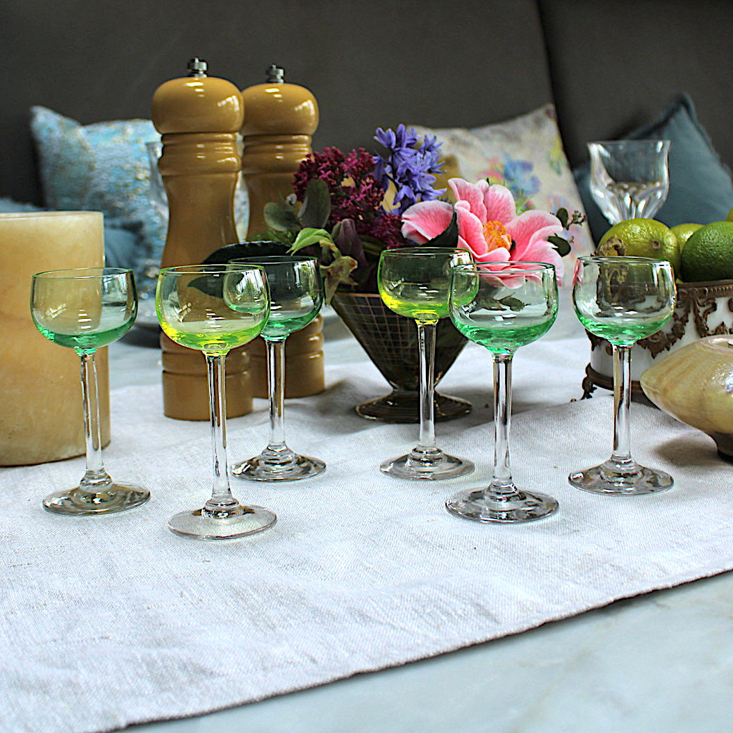 Vintage Green Long Stemmed Liquer Glasses