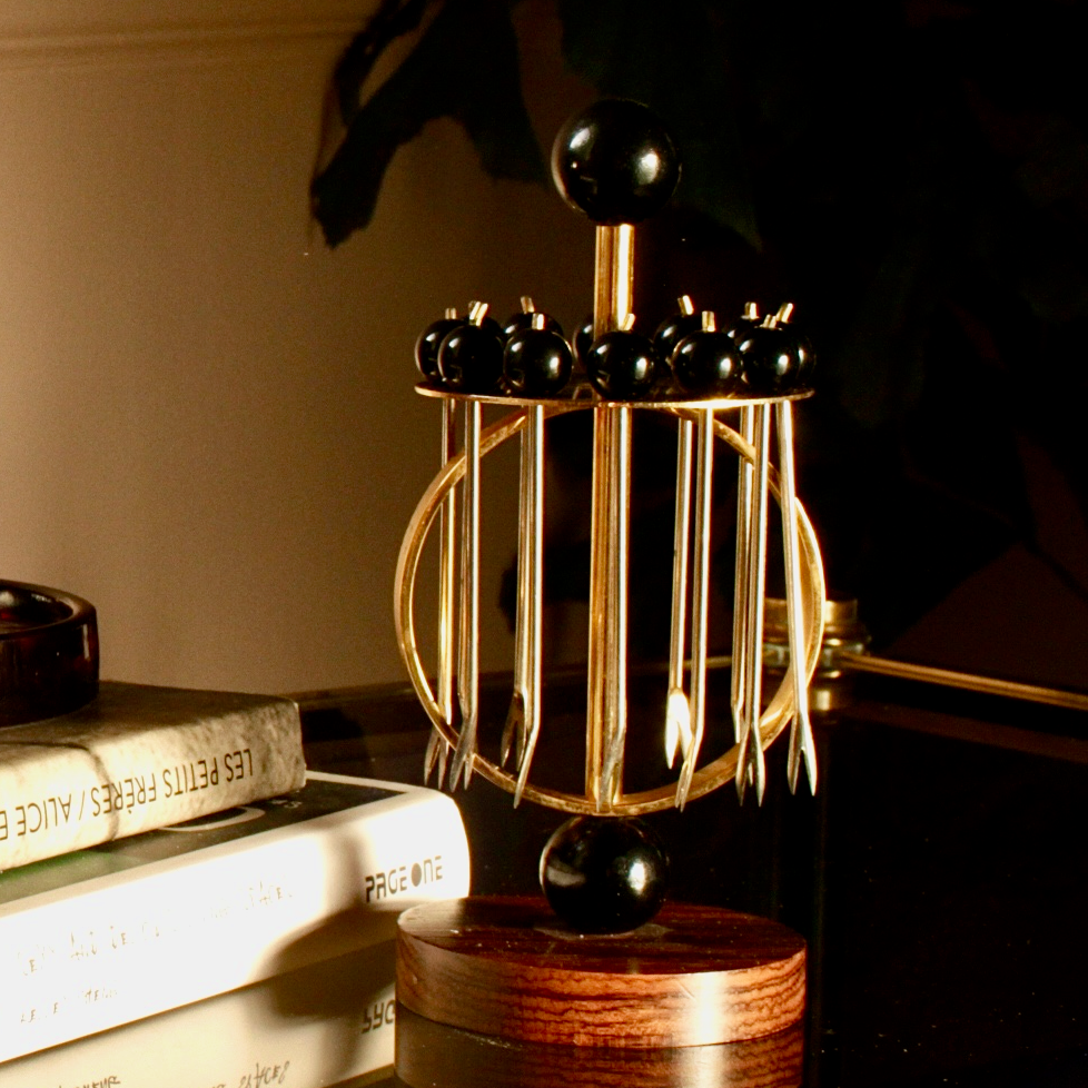 Art Deco Barware Cocktail Stick Carousel with Bakelite Tops and Gold Picks