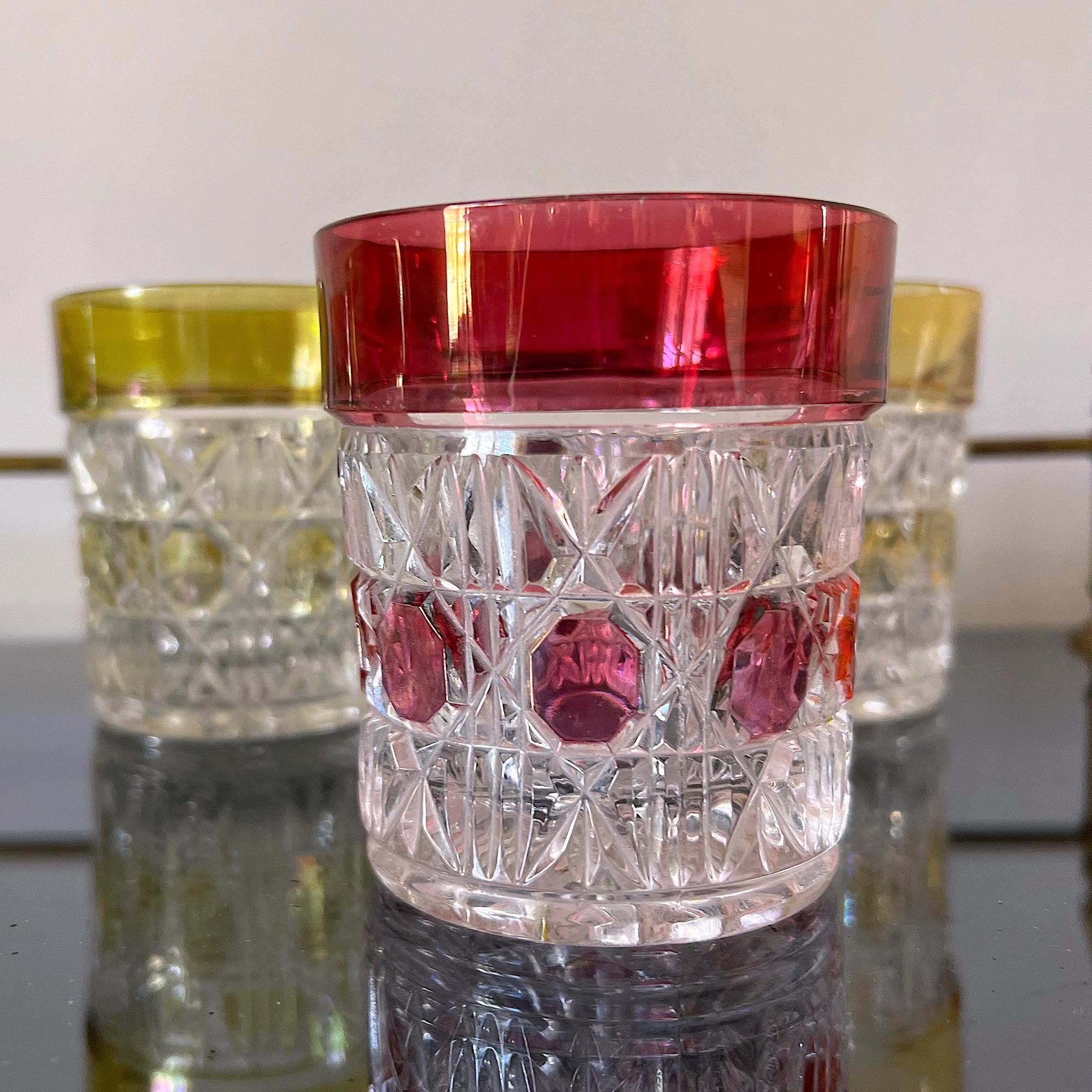 Beautiful Coloured Cut Glass Mid Century Cocktail Short Glasses