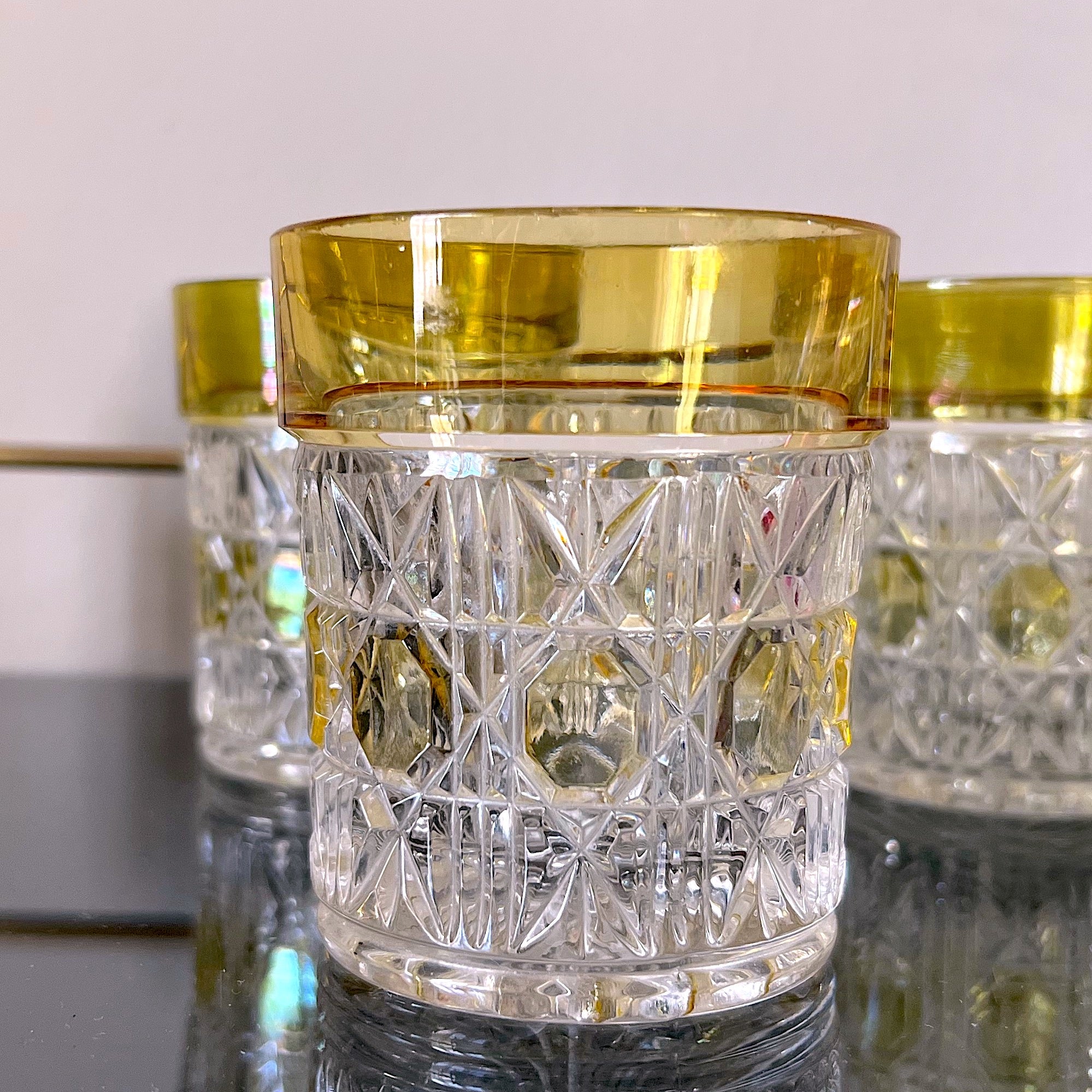 Beautiful Coloured Cut Glass Mid Century Cocktail Short Glasses