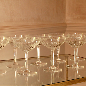 Beautiful vintage crystal champagne coupes with facet cut stems and cut glass design