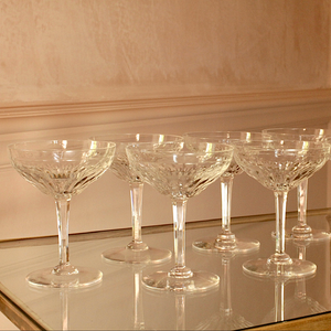 Beautiful vintage crystal champagne coupes with facet cut stems and cut glass design