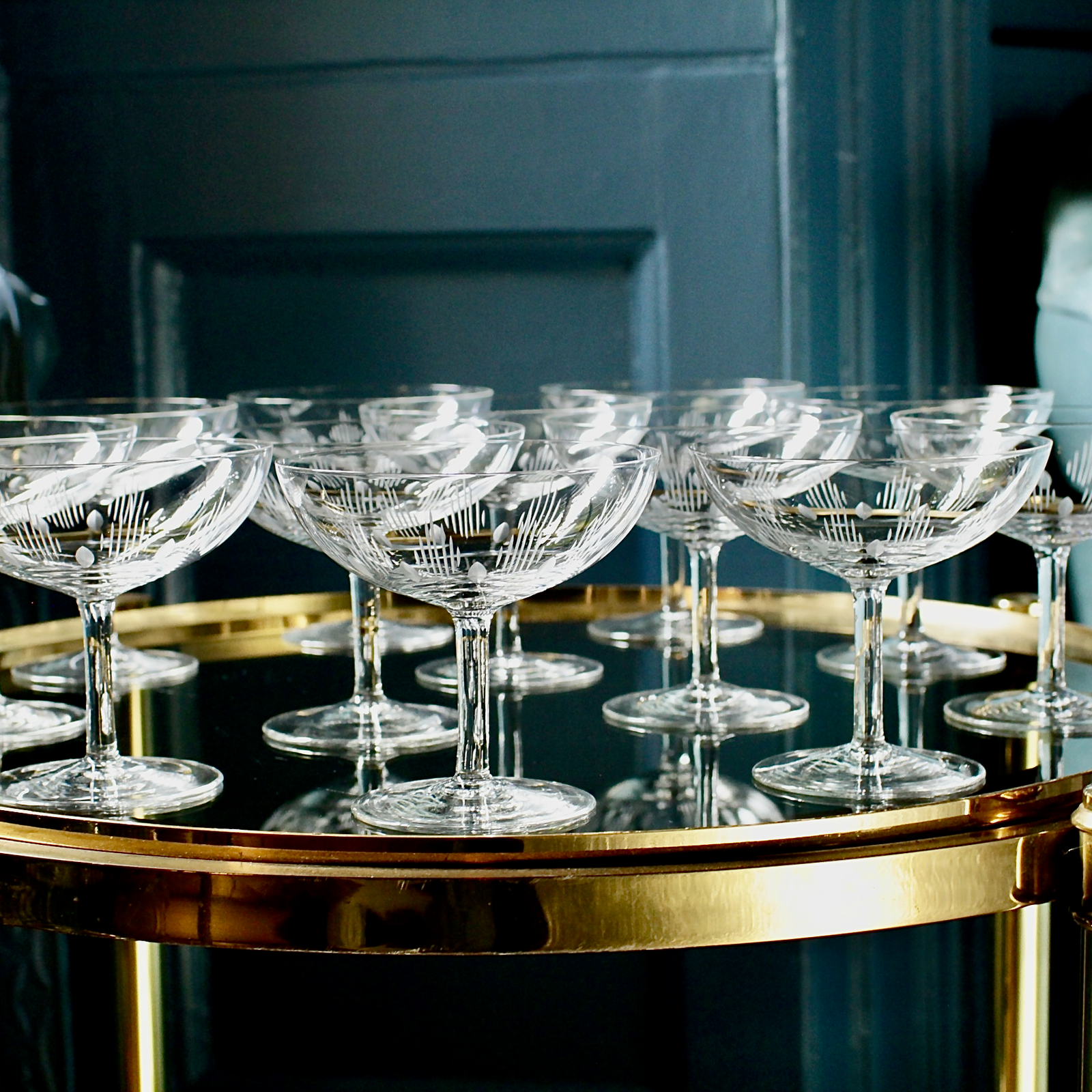 French Fancy Etched 50's Crystal Champagne Coupes