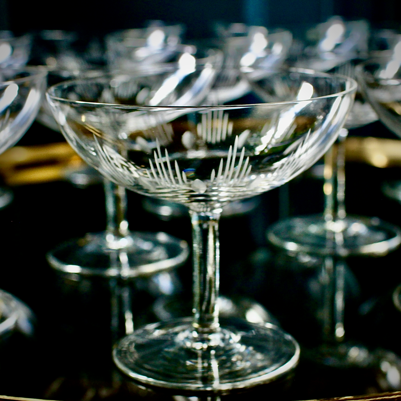 French Fancy Etched 50's Crystal Champagne Coupes