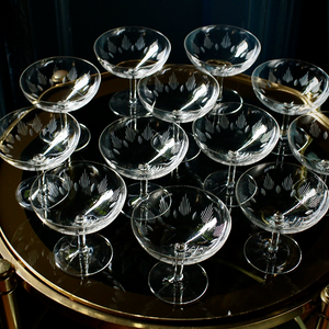 French Fancy Etched 50's Crystal Champagne Coupes