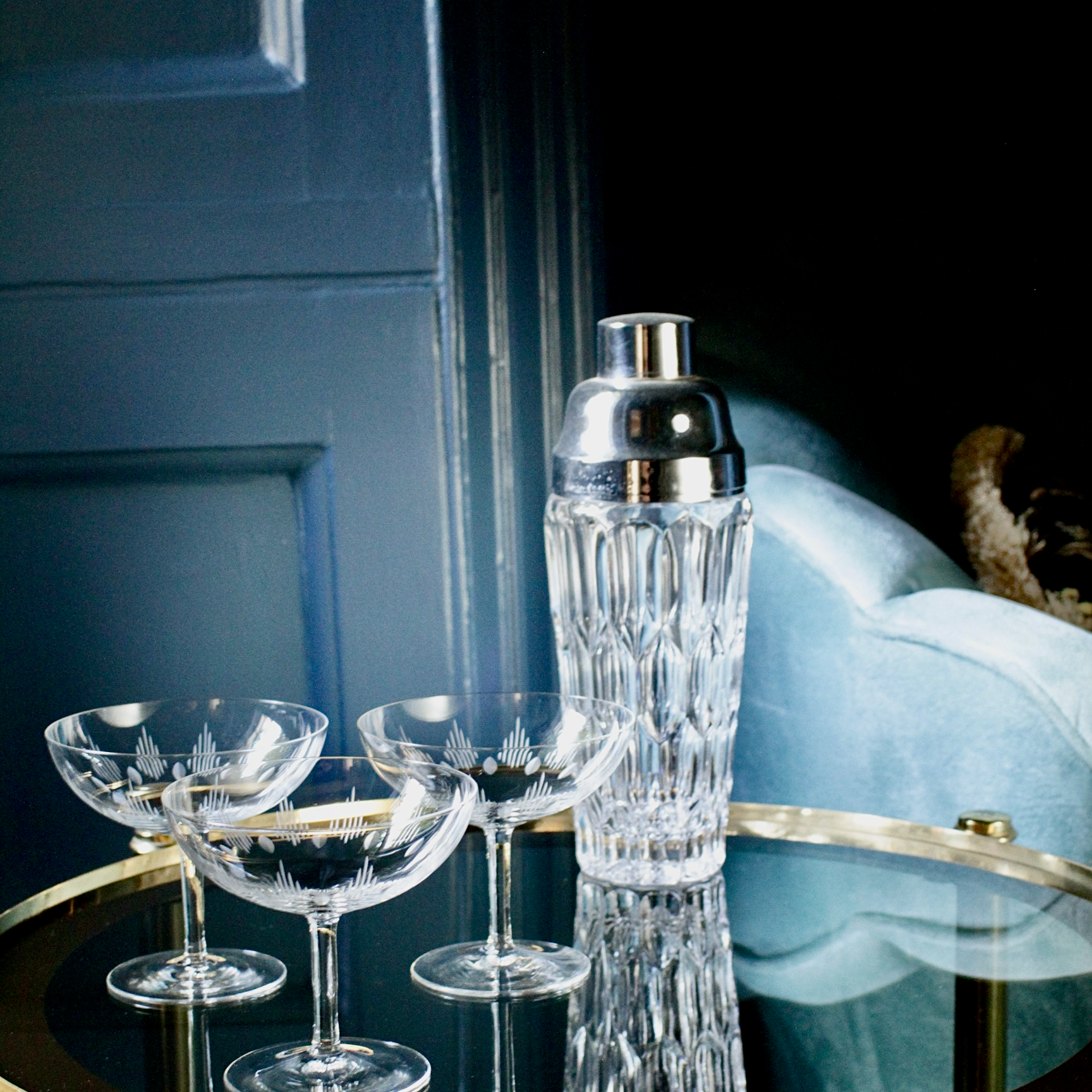 French Fancy Etched 50's Crystal Champagne Coupes