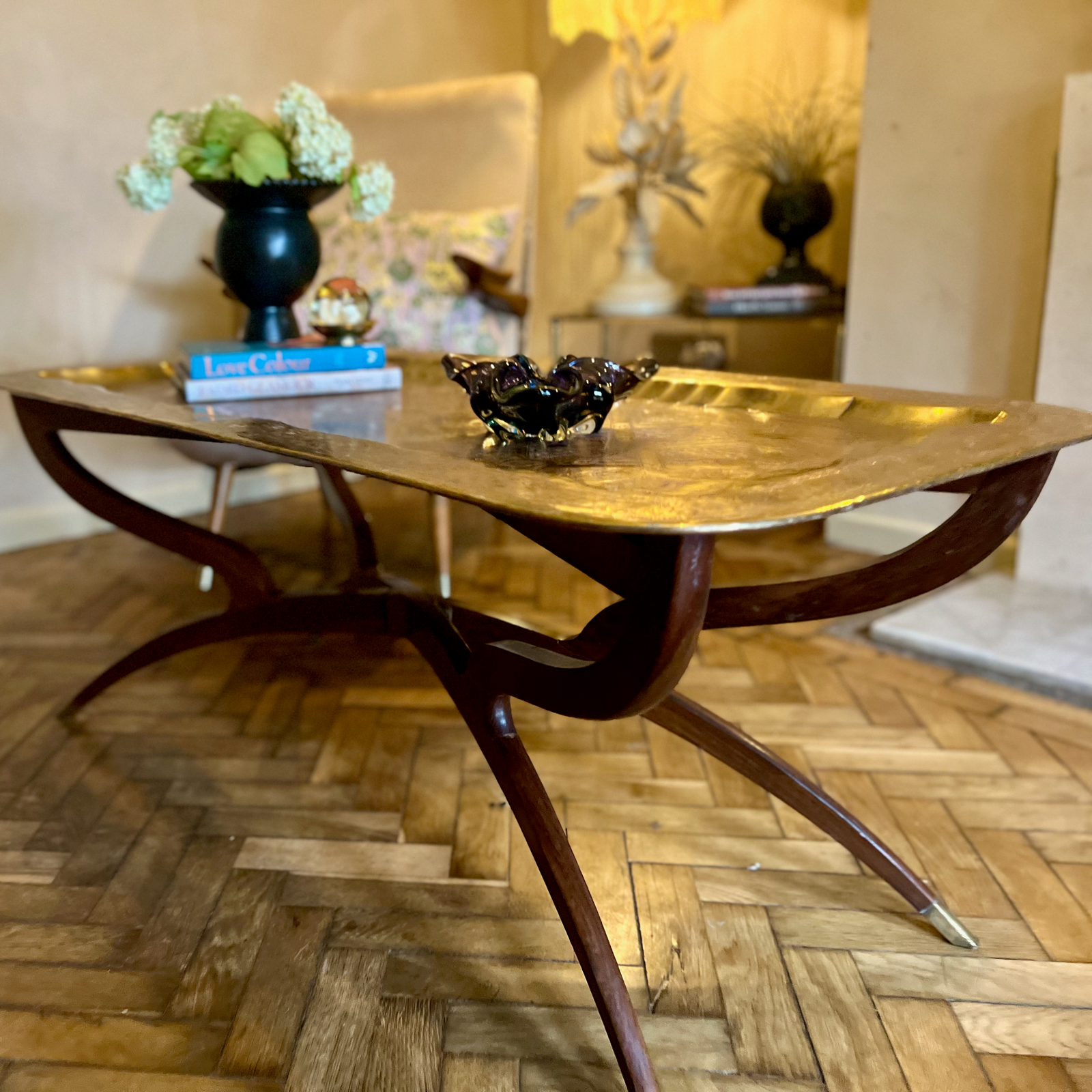 Mid Century Beautiful Teak Legs and Brass Tray top with Etchings