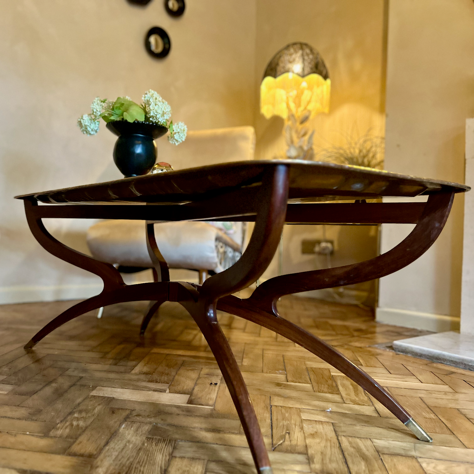 Mid Century Beautiful Teak Legs and Brass Tray top with Etchings
