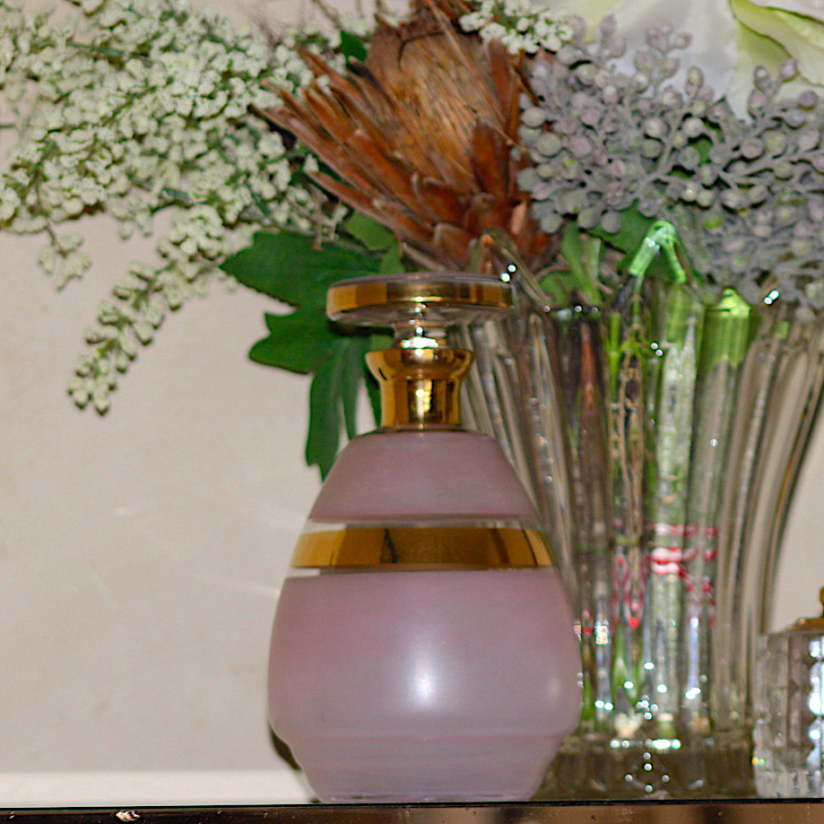 Mid Century Pink and Gold Opaque Decantern