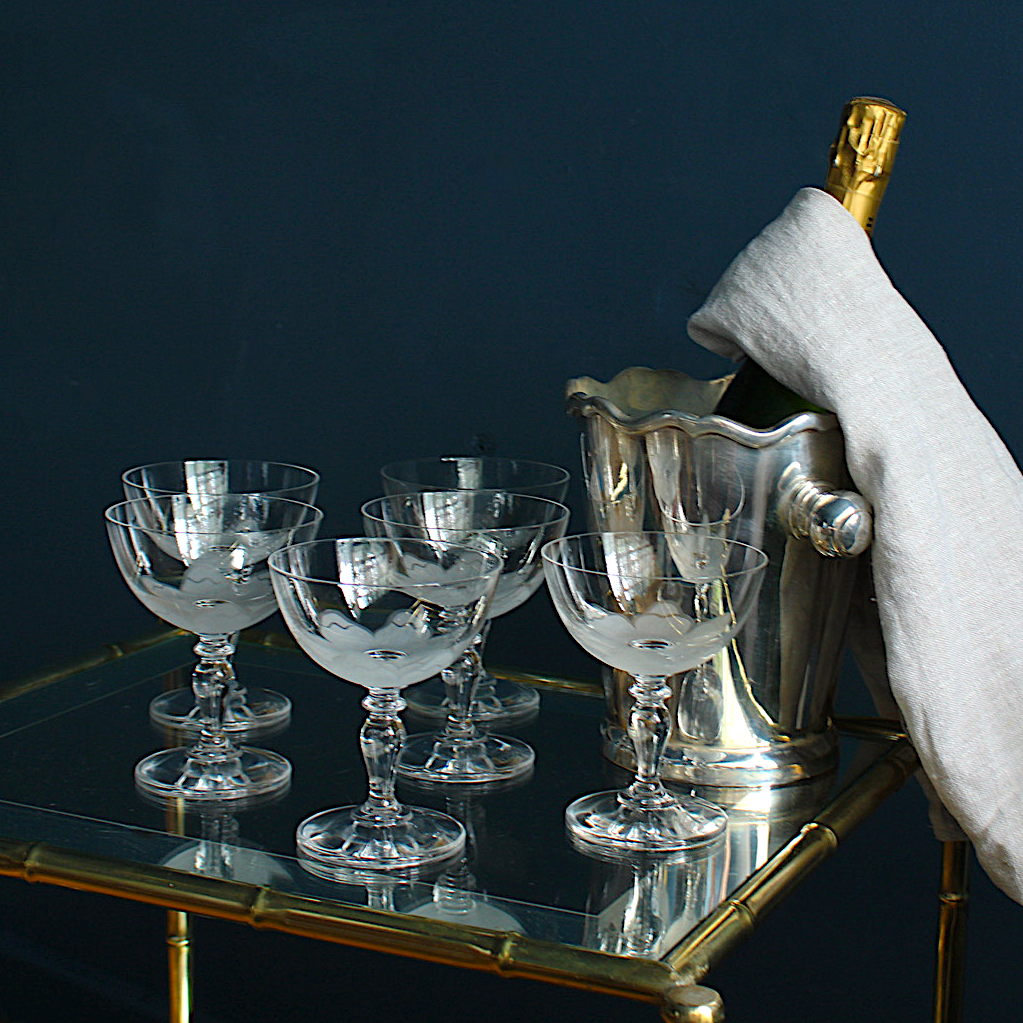 Vintage Crystal Glasses with Opaque Flower Design