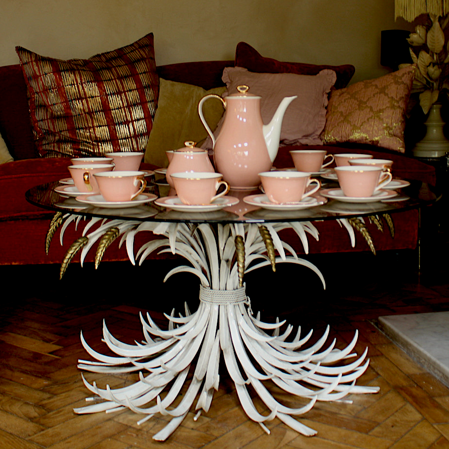 Vintage porcelain tea service light coral , white & gold