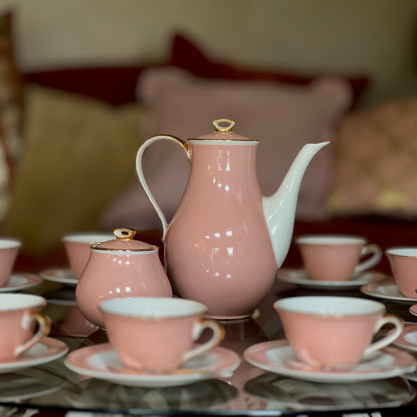 Vintage porcelain tea service light coral , white & gold