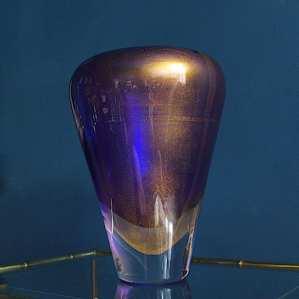 Stunning Signed Blue and Gold Murano Art Glass Vase 