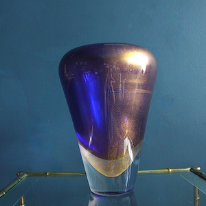 Stunning Signed Blue and Gold Murano Art Glass Vase 