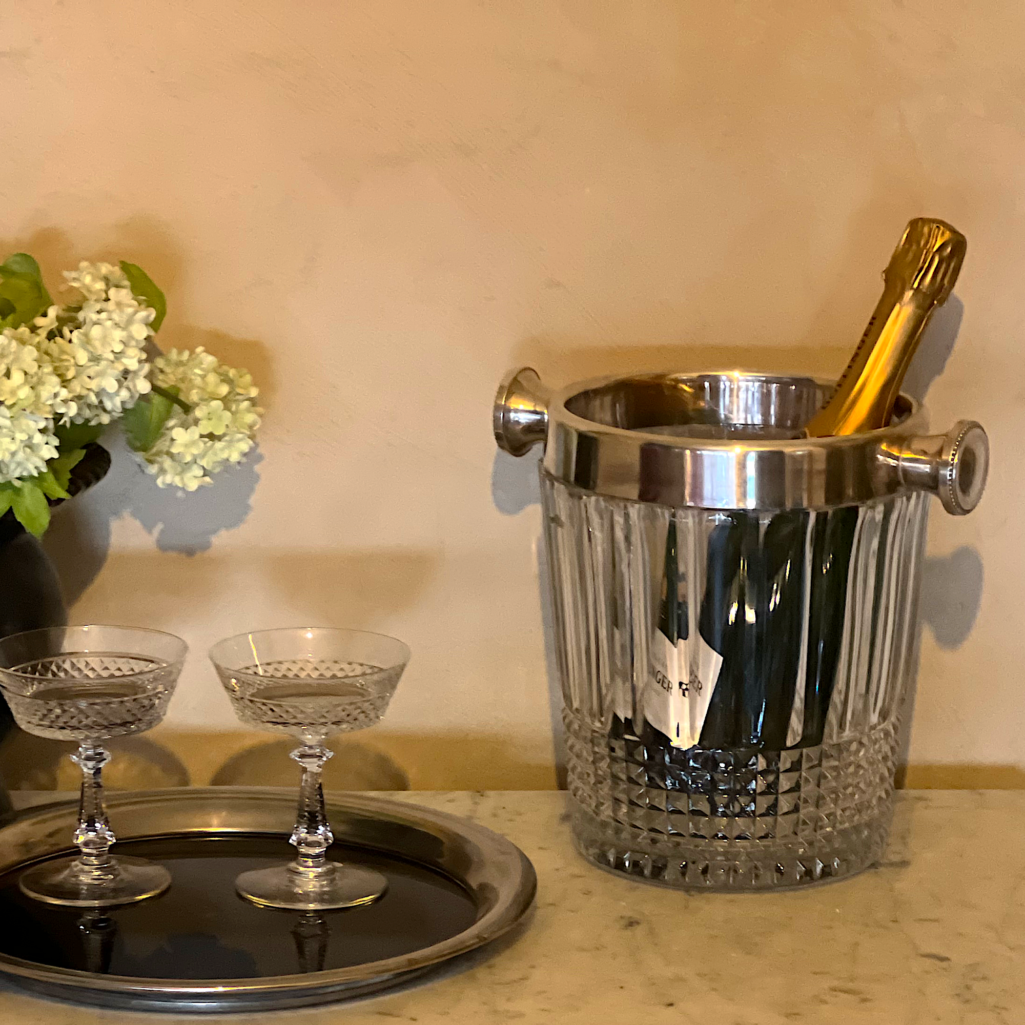 Large Crystal Cut and Silver Ice Bucket