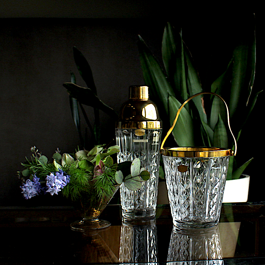 Gold Crystal Cocktail Shaker  & Matching Ice Bucket Signed by Val St Lambert