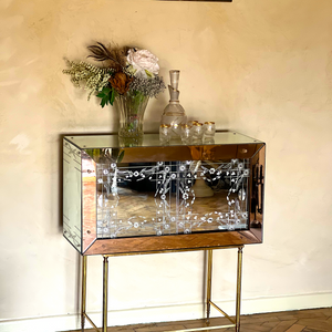 Venetian Drinks Cabinet in Rose Etched glass with Glass Florettes & floral Etching