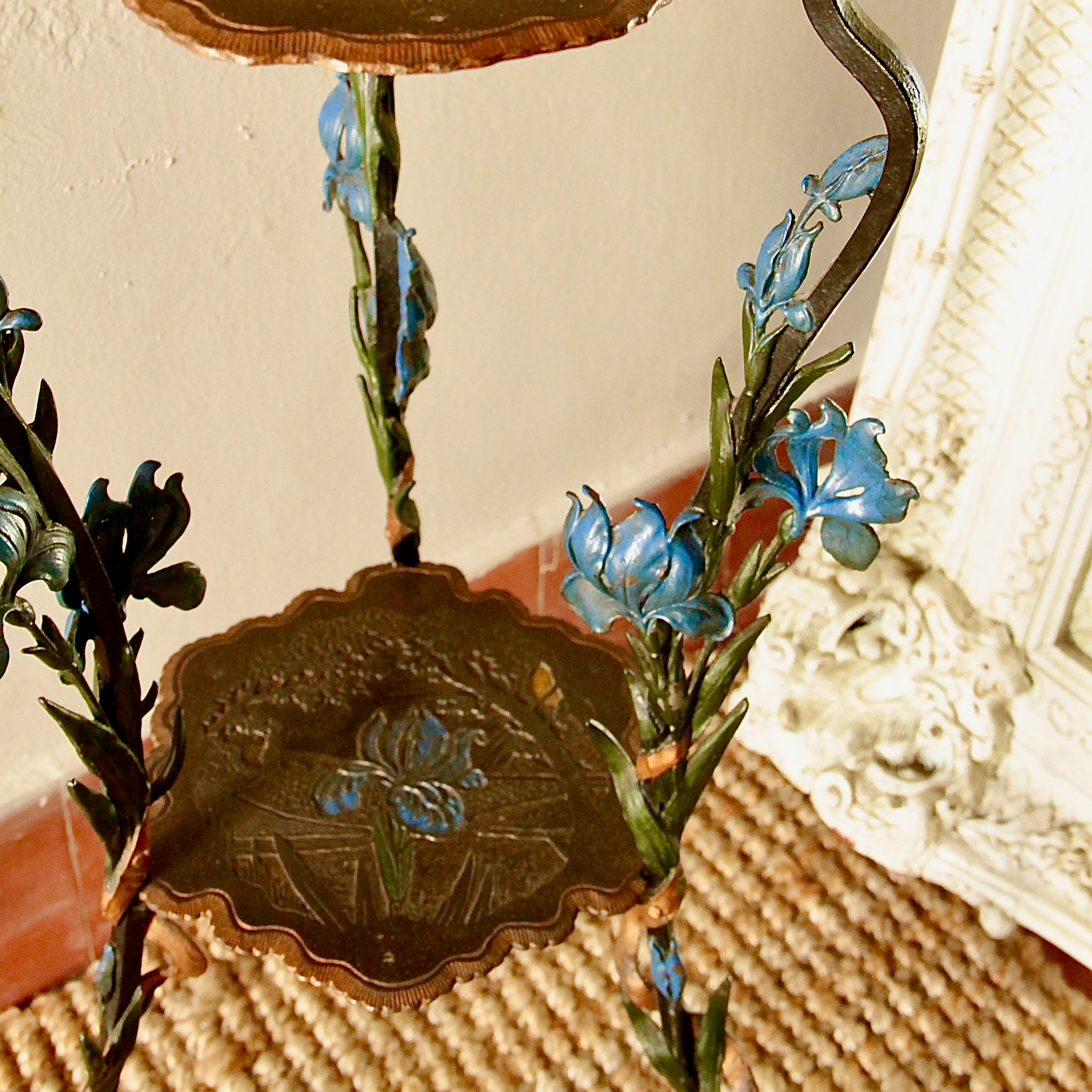 West German Beautiful Cast Iron Étagère Table with Decorative Floral Legs and Hand Painted 1920's