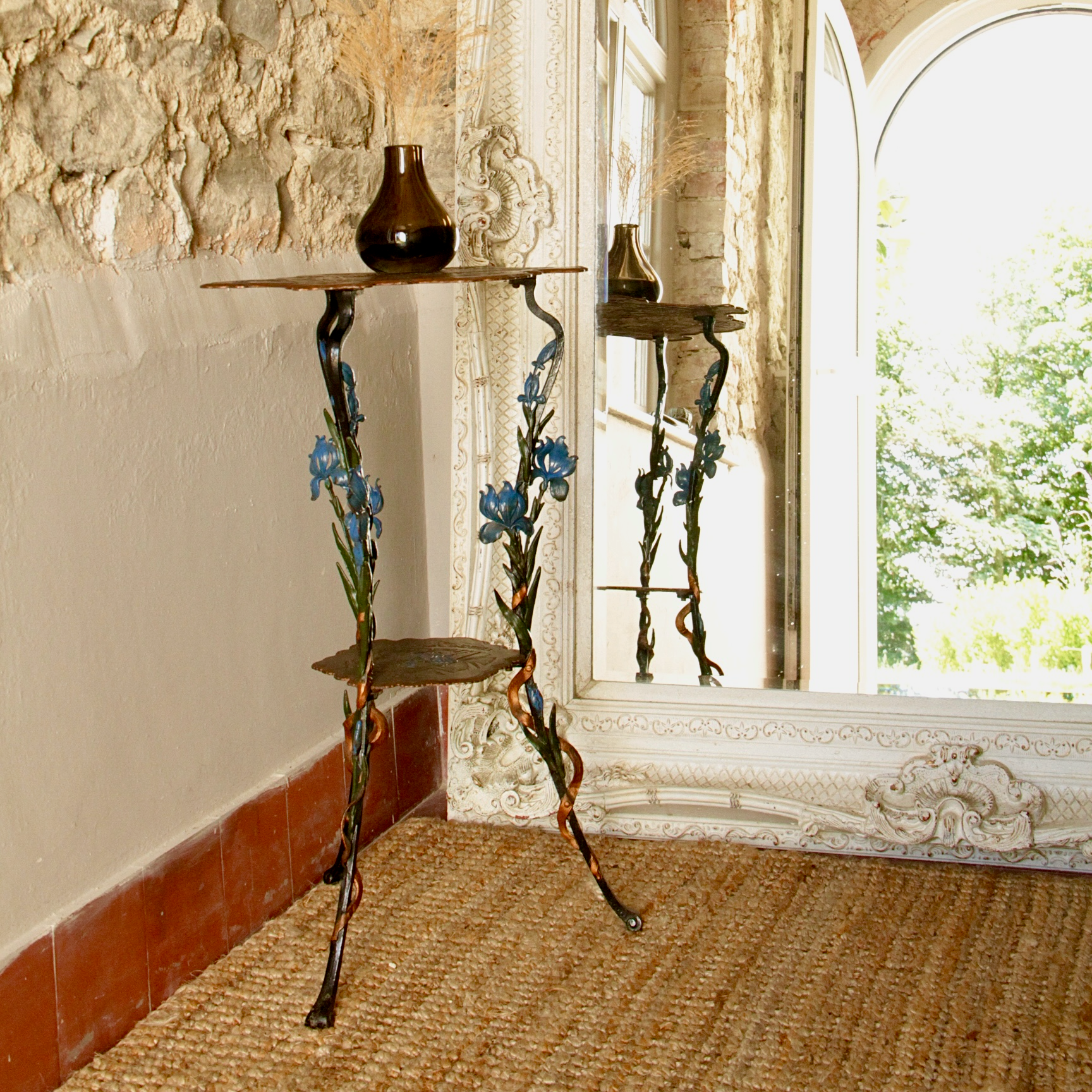 West German Beautiful Cast Iron Étagère Table with Decorative Floral Legs and Hand Painted 1920's