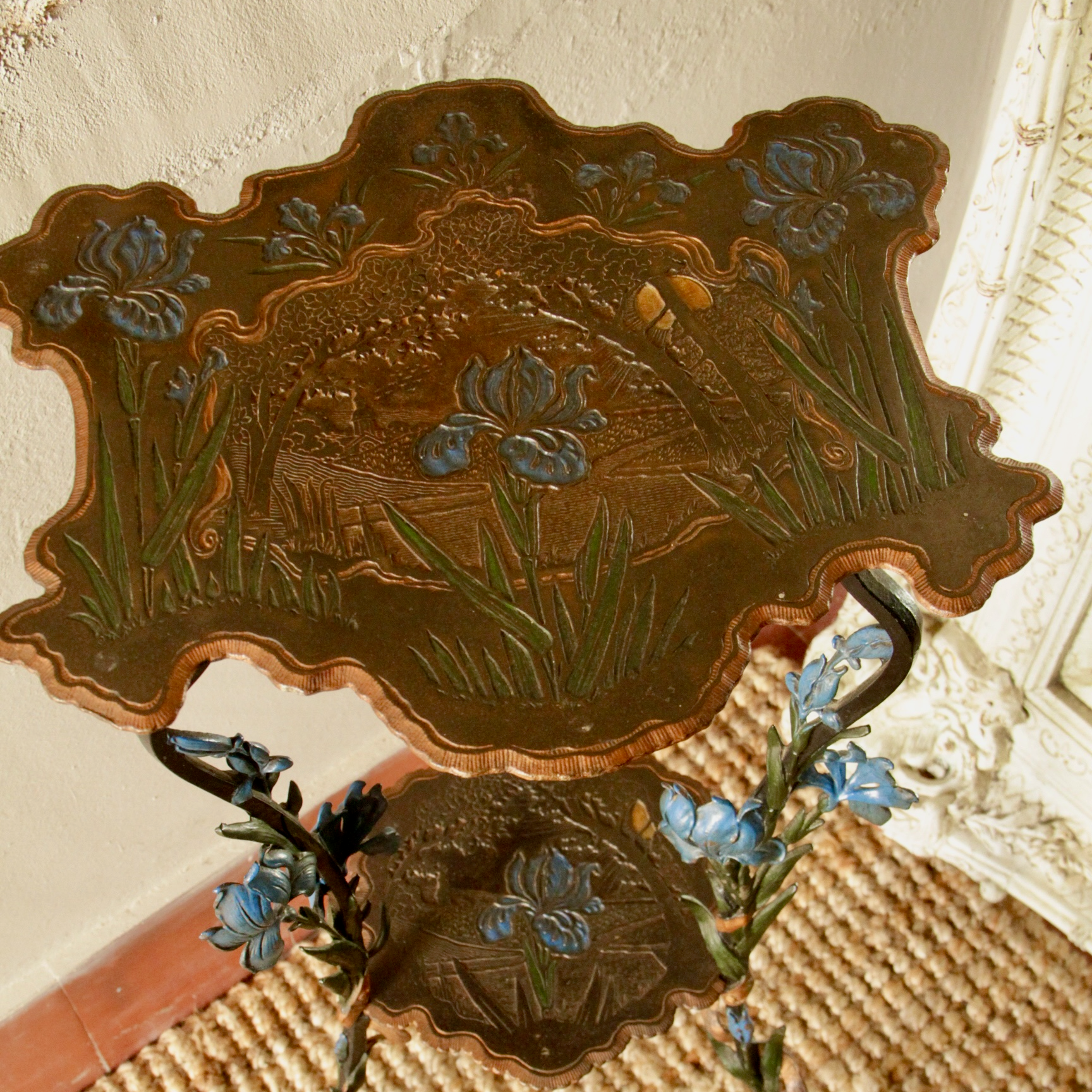 West German Beautiful Cast Iron Étagère Table with Decorative Floral Legs and Hand Painted 1920's