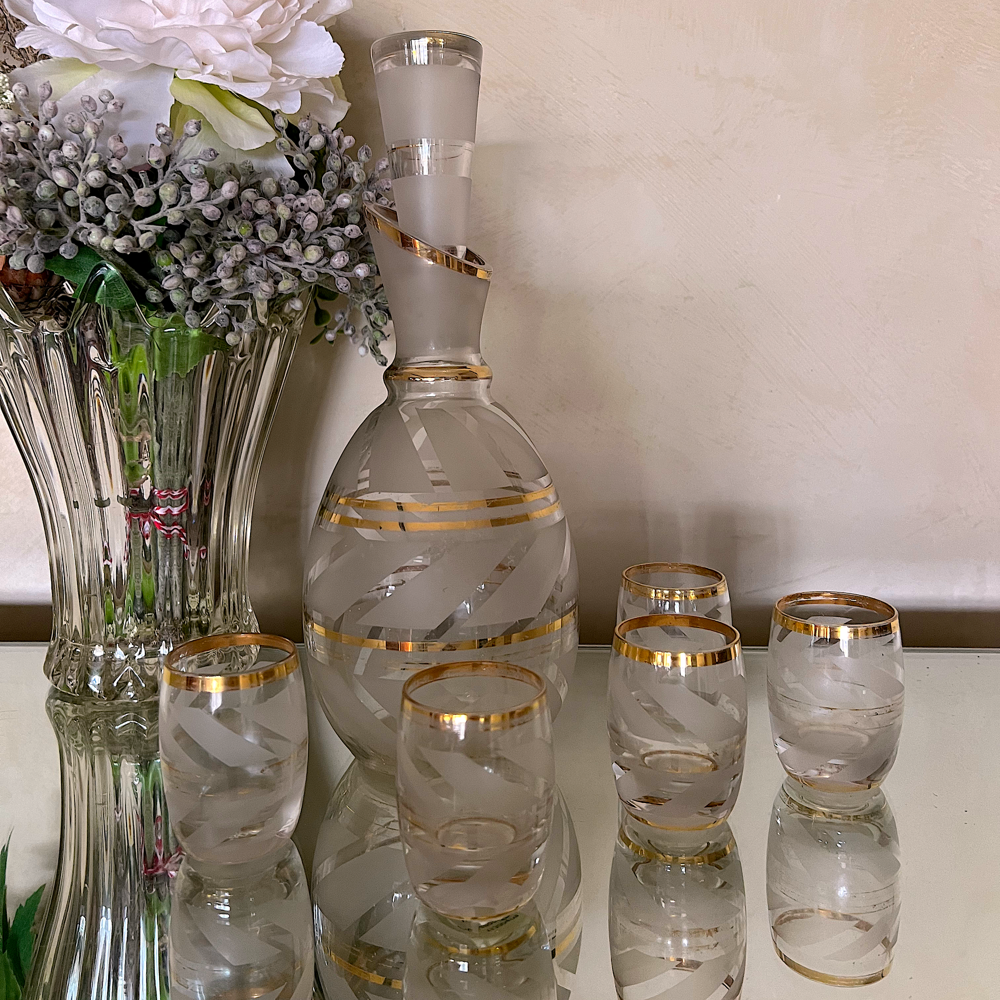 Mid Century White & Gold Decanter with Glasses Set