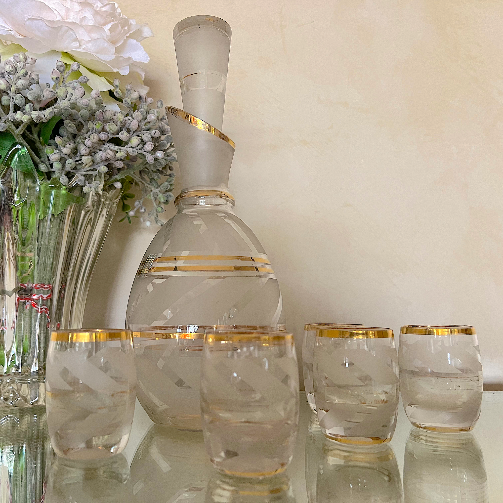 Mid Century White & Gold Decanter with Glasses Set